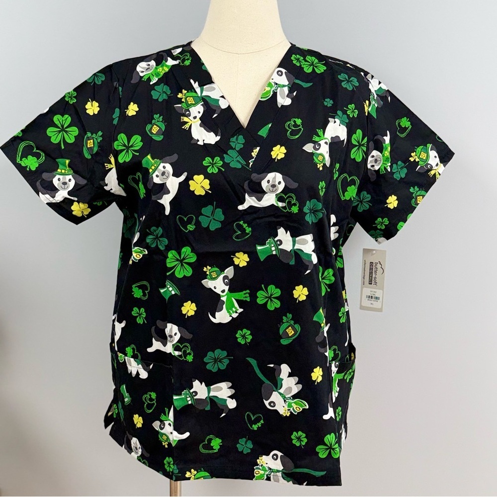 NWT Buttersoft Scrub Top 4X Lucky Puppy Black Cotton Scrubs Dogs St Patrick